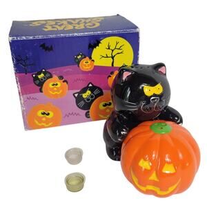 RUSS Vintage Black Cat/Jack-O-Lantern Pumpkin Salt & Pepper Shakers Ceramic